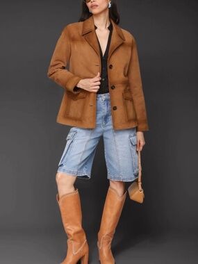 Avec Les Filles Suede Notch Collar Western Jacket Camel SZ L
